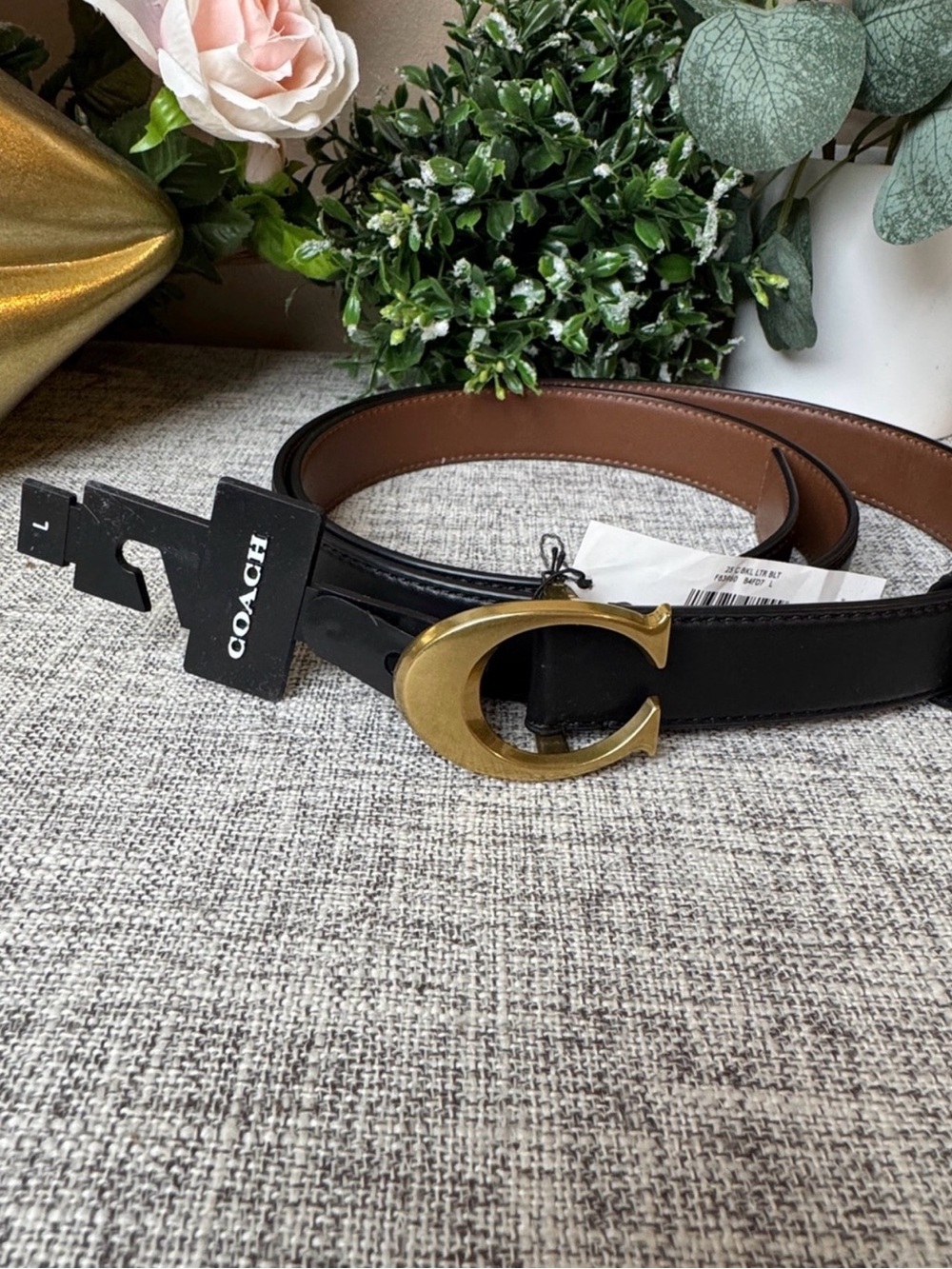 COACH Black Reversible Leather Belt with Gold C Buckle